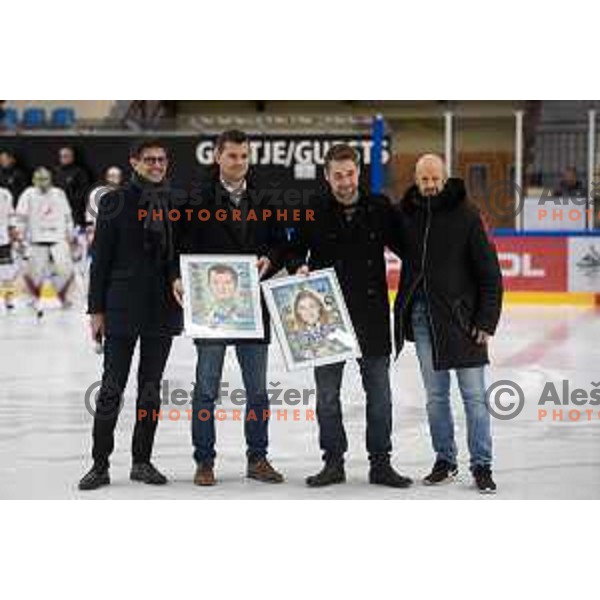 Matjaz Rakovec, Marcel Rodman, Robert Kristan and Kontrec pose before EIHC ice-hockey match between Slovenia and Hungary in Bled Ice Hall, Slovenia on February 7, 2019