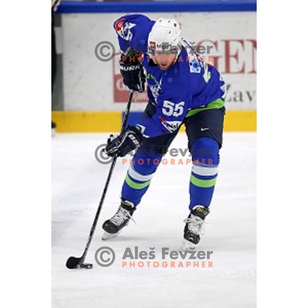 Robert Sabolic of Slovenia in action during EIHC ice-hockey match between Slovenia and Italy in Bled Ice Hall, Slovenia on February 8, 2019