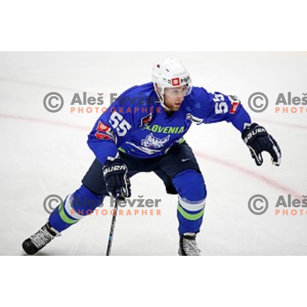Robert Sabolic of Slovenia in action during EIHC ice-hockey match between Slovenia and Italy in Bled Ice Hall, Slovenia on February 8, 2019