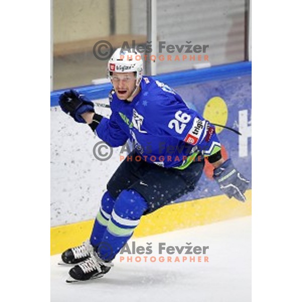 Jan Urbas of Slovenia in action during EIHC ice-hockey match between Slovenia and Belarus in Bled Ice Hall, Slovenia on February 9, 2019