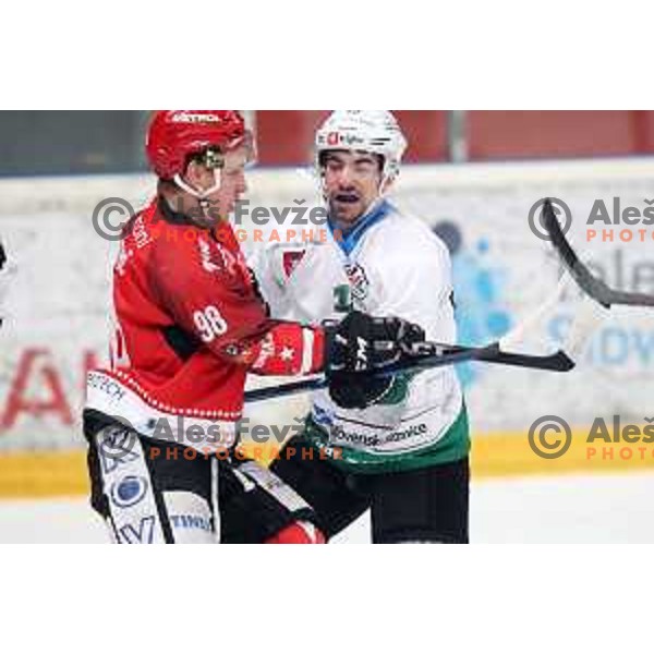 Blaz Tomazevic and Nik Simsic in action during Alps League ice-hockey match between Acroni Jesenice and SZ Olimpija in Podmezakla Hall, Jesenice, Slovenia on February 12, 2019