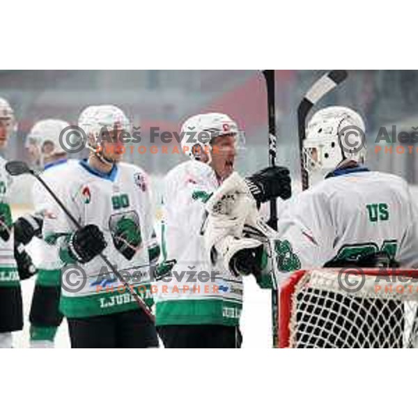 Mark Sever and Zan Us in action during Alps League ice-hockey match between Acroni Jesenice and SZ Olimpija in Podmezakla Hall, Jesenice, Slovenia on February 12, 2019