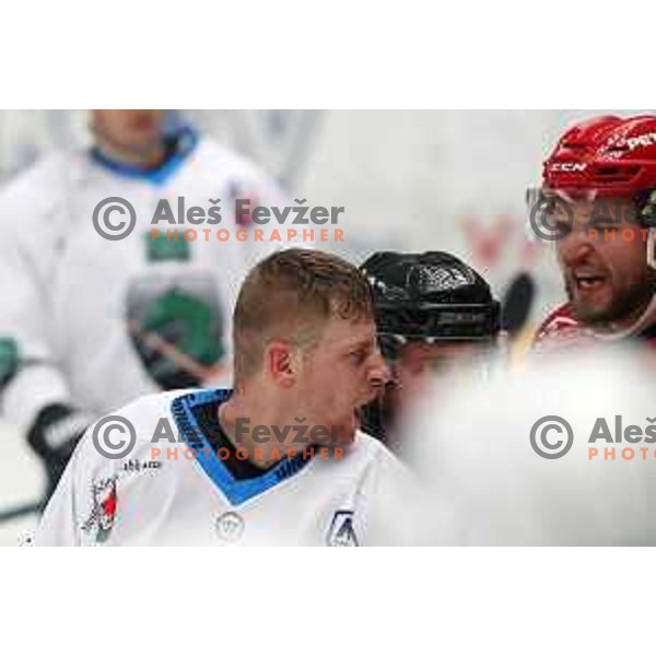 Ales Music and Mathieu Gagnon in action during Alps League ice-hockey match between Acroni Jesenice and SZ Olimpija in Podmezakla Hall, Jesenice, Slovenia on February 12, 2019