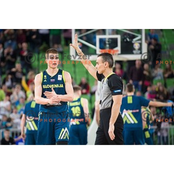 in action during FIBA Basketball World Cup 2019 European qualifiers basketball match between Slovenia and Ukraine, Stozice Arena, Ljubljana, Slovenia on February 26, 2019