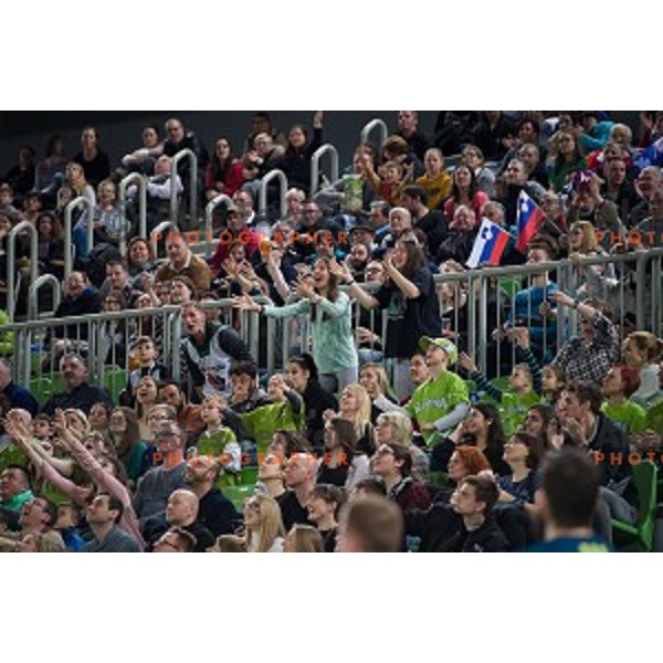 Fans in action during FIBA Basketball World Cup 2019 European qualifiers basketball match between Slovenia and Ukraine, Stozice Arena, Ljubljana, Slovenia on February 26, 2019