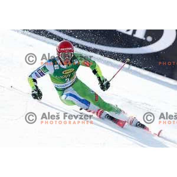 Zan Kranjec skiing in the first run of FIS Audi World Cup Giant Slalom for 58. Vitranc Cup in Kranjska Gora, Slovenia on March 9, 2019