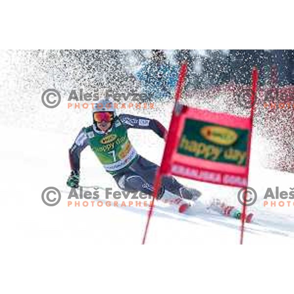 Henrik Kristoffersen skiing in the first run of FIS Audi World Cup Giant Slalom for 58. Vitranc Cup in Kranjska Gora, Slovenia on March 9, 2019