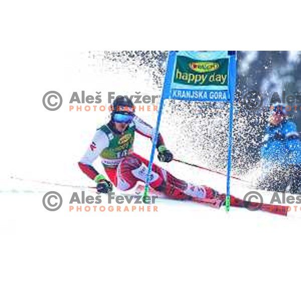 Manuel Feller skiing in the first run of FIS Audi World Cup Giant Slalom for 58. Vitranc Cup in Kranjska Gora, Slovenia on March 9, 2019