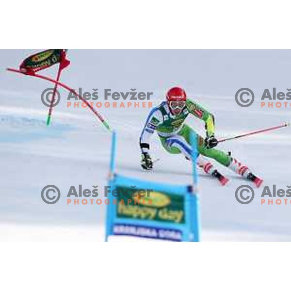 Zan Kranjec skiing in the second run of FIS Audi World Cup Giant Slalom for 58. Vitranc Cup in Kranjska Gora, Slovenia on March 9, 2019