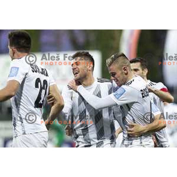 Amadej Marosa and Luka Bobicanec celebrating during soccer match between Mura and Krsko, Round 23 of PLTS 2018/19, played in Fazanerija, Murska Sobota, Slovenia on March 16, 2019
