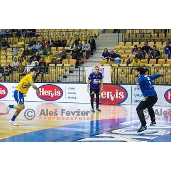 David Razgor vs Marin Durica in action during handball match between Celje Pivovarna Lasko and Maribor Branik, 1.NLB Leasing League 2018/19, played in Zlatorog Arena, Celje, Slovenia on March 29, 2019