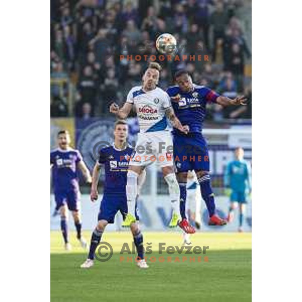 Tadej Vidmajer vs Marcos Tavares in action during soccer match between Maribor and Celje, Round 24 of PLTS 2018/19, played in Ljudki vrt, Maribor, Slovenia on March 30, 2019