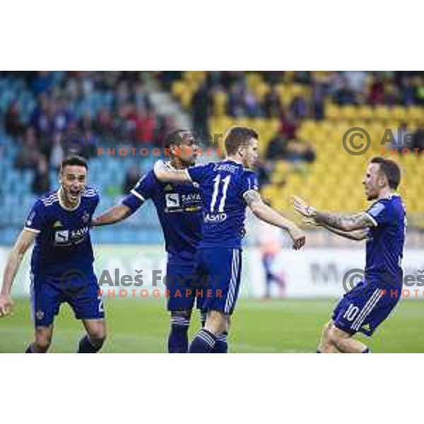 Gregor Bajde, Marcos Tavares, Luka Zahovic and Dino Hotic celebrating during soccer match between Maribor and Celje, Round 24 of PLTS 2018/19, played in Ljudki vrt, Maribor, Slovenia on March 30, 2019