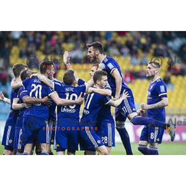 Luka Zahovic, Sasa Ivkovic and other players of Maribor celebrating during soccer match between Maribor and Celje, Round 24 of PLTS 2018/19, played in Ljudki vrt, Maribor, Slovenia on March 30, 2019