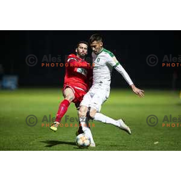 Mario Lucas Horvat and Mario Jurcevic in action during soccer match between Aluminij and Olimpija, Semi-final round of Slovenia cup 2018/19, played in Sportni park Kidricevo, Slovenia on April 4, 2019