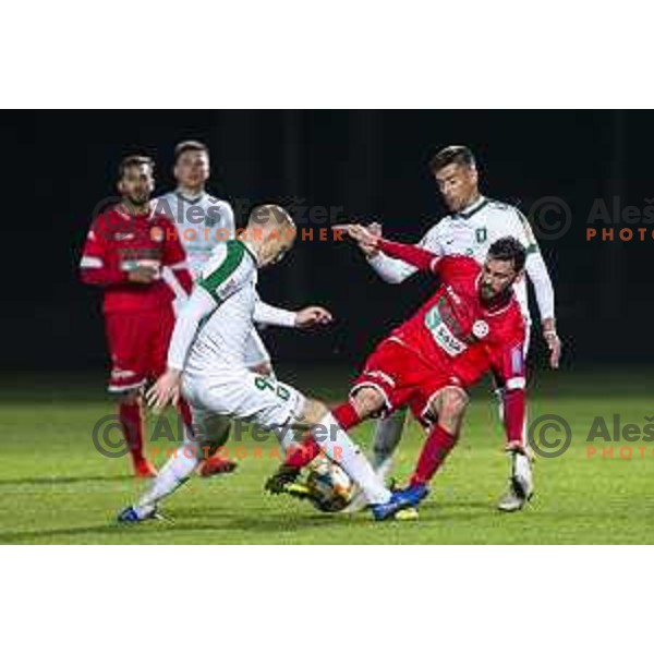 Tomislav Tomic, Mario Lucas Horvat and Mario Jurcevic in action during soccer match between Aluminij and Olimpija, Semi-final round of Slovenia cup 2018/19, played in Sportni park Kidricevo, Slovenia on April 4, 2019