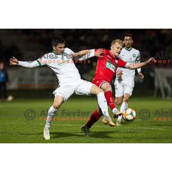 in action during soccer match between Aluminij and Olimpija, Semi-final round of Slovenia cup 2018/19, played in Sportni park Kidricevo, Slovenia on April 4, 2019