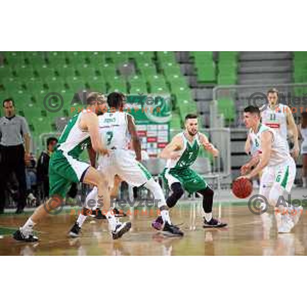Jure Lalic, Tim osolnik, Jan Span in action during Nova KBM league basketball match between Petrol Olimpija and Krka in Stozice, Ljubljana, Slovenia on April 5, 2019