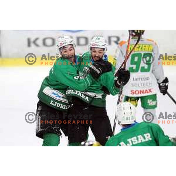 Zan Jezovsek and Gregor Koblar of SZ Olimpija celebrate goal during semi-final of Alps League ice-hockey match between SZ Olimpija and Lustenau in Tivoli Hall, Ljubljana, Slovenia on April 5, 201