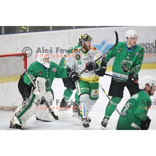 Zan Us of SZ Olimpija, Slivnik, Kristjan Cepon in action during semi-final of Alps League ice-hockey match between SZ Olimpija and Lustenau in Tivoli Hall, Ljubljana, Slovenia on April 5, 201