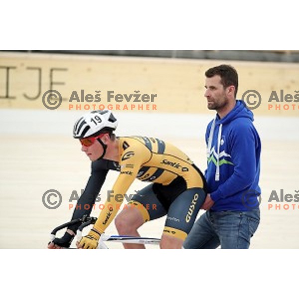 Tilen Finkst and Andrej Hauptman as starter during Velodrome Slovenian National Cycling Championships in Novo Mesto on April 9, 2019