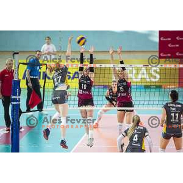 Sara Najdic and Ela Pintar in action during women volleyball match between Nova KBM Branik and GEN-i Volley, Round 2 of National League finals 2018/19, played in Lukna, Maribor, Slovenia on April 16, 2019