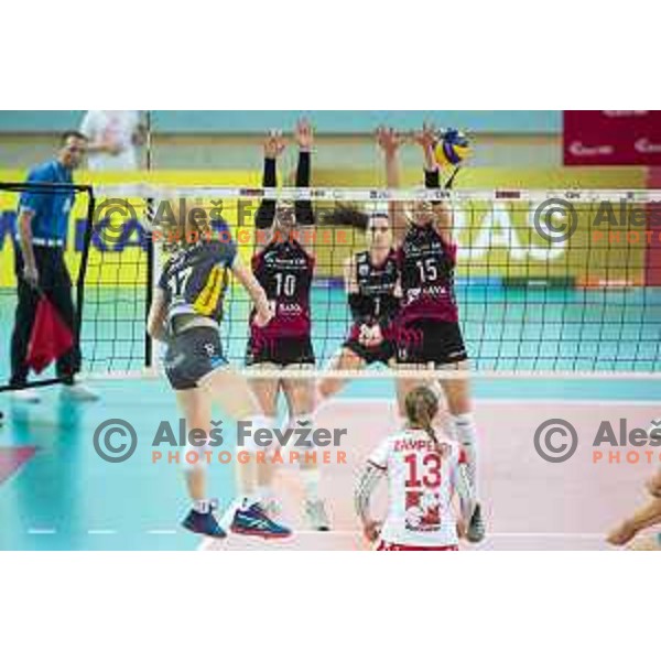 Sara Najdic and Ela Pintar in action during women volleyball match between Nova KBM Branik and GEN-i Volley, Round 2 of National League finals 2018/19, played in Lukna, Maribor, Slovenia on April 16, 2019