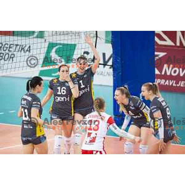 Tina Grudina and Isabel Petra Kovacic celebrating during women volleyball match between Nova KBM Branik and GEN-i Volley, Round 2 of National League finals 2018/19, played in Lukna, Maribor, Slovenia on April 16, 2019