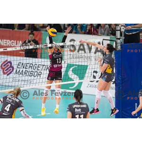 Anita Sobocan vs Tina Grudina in action during women volleyball match between Nova KBM Branik and GEN-i Volley, Round 2 of National League finals 2018/19, played in Lukna, Maribor, Slovenia on April 16, 2019