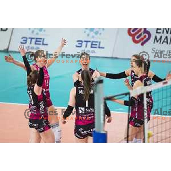 Nika Blagne, Lorena Fijok Lorber celebrating during women volleyball match between Nova KBM Branik and GEN-i Volley, Round 2 of National League finals 2018/19, played in Lukna, Maribor, Slovenia on April 16, 2019