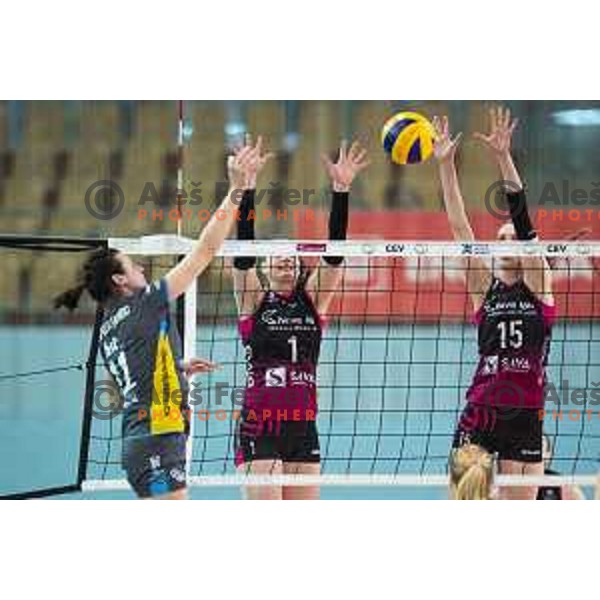 Iza Mlakar and Ela Pintar in action during women volleyball match between Nova KBM Branik and GEN-i Volley, Round 2 of National League finals 2018/19, played in Lukna, Maribor, Slovenia on April 16, 2019