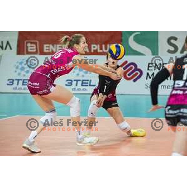 Nika Blagne and Anita Sobocan in action during women volleyball match between Nova KBM Branik and GEN-i Volley, Round 2 of National League finals 2018/19, played in Lukna, Maribor, Slovenia on April 16, 2019