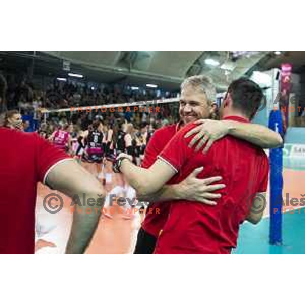 Bruno Najdic, head coach of Nova KBM Branik celebrating after the women volleyball match between Nova KBM Branik and GEN-i Volley, Round 2 of National League finals 2018/19, played in Lukna, Maribor, Slovenia on April 16, 2019
