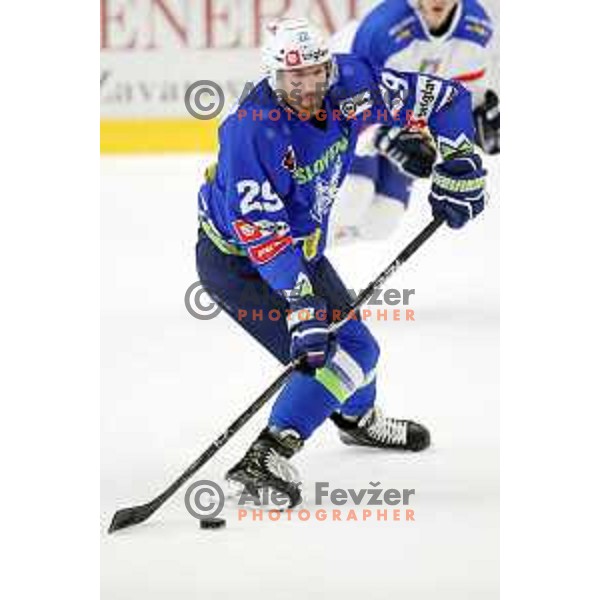 Anze Ropret action during friendly Ice-Hockey match between Slovenia and Italy in Bled Ice Hall, Slovenia on April 25, 2019