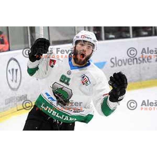 Zan Jezovsek of SZ Olimpija in action during Slovenian League ice-hockey match between SZ Olimpija and SIJ Acroni Jesenice in Tivoli Hall, Ljubljana, Slovenia on April 25, 2019