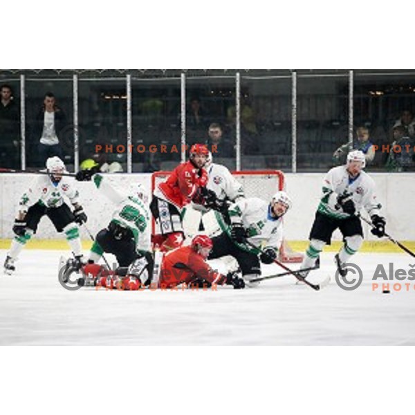 of SZ Olimpija in action during Slovenian League ice-hockey match between SZ Olimpija and SIJ Acroni Jesenice in Tivoli Hall, Ljubljana, Slovenia on April 25, 2019