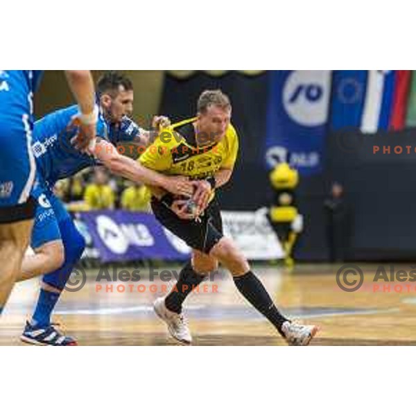 David Miklavcic in action during 1.NLB league handball match between Gorenje and Celje Pivovarna Lasko in Red Hall, Velenje on April 27, 2019