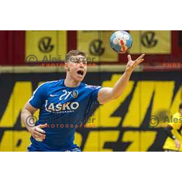 Kristjan Horzen in action during 1.NLB league handball match between Gorenje and Celje Pivovarna Lasko in Red Hall, Velenje on April 27, 2019