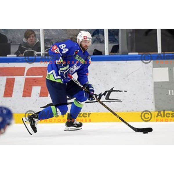 Andrej Hebar in action during friendly Ice-Hockey match between Slovenia and Italy in Bled Ice Hall, Slovenia on April 25, 2019