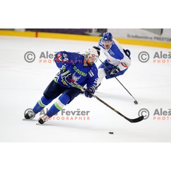 Andrej Hebar in action during friendly Ice-Hockey match between Slovenia and Italy in Bled Ice Hall, Slovenia on April 25, 2019