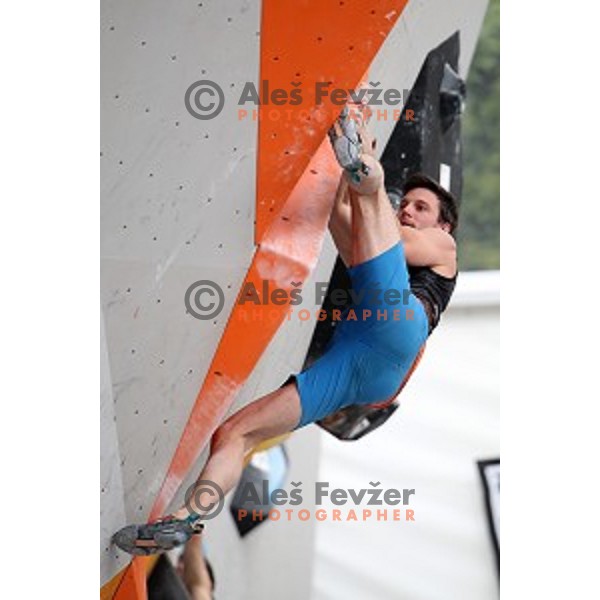 Jernej Kruder during semi-final of Triglav The Rock boulder climbing competition in Ljubljana on May 25, 2019