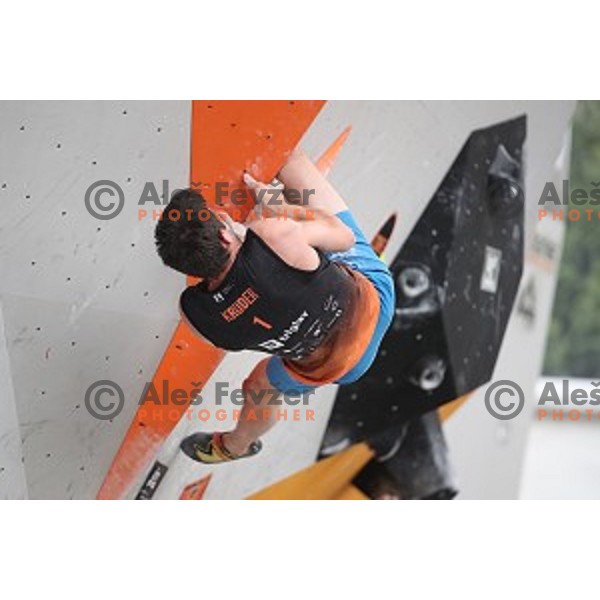 Jernej Kruder during semi-final of Triglav The Rock boulder climbing competition in Ljubljana on May 25, 2019