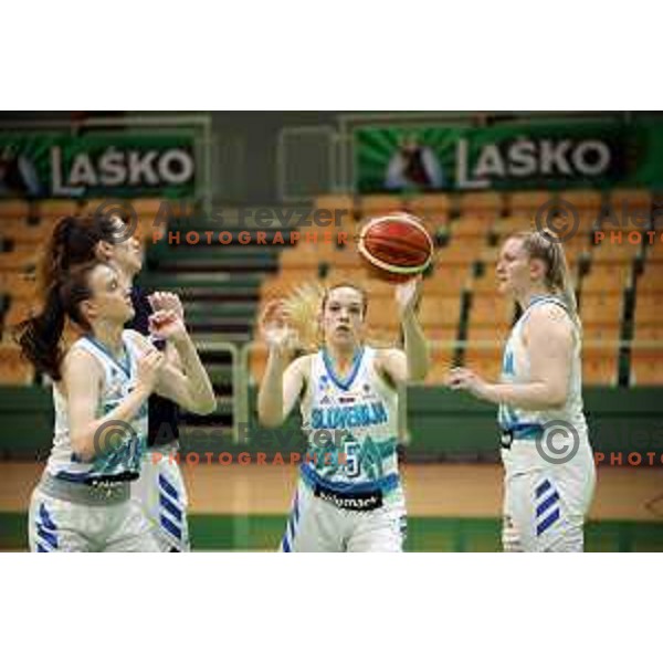 Tina Cvijanovic and Teja Gorsic of Slovenia Women\'s basketball team during practice session in Tri Lilije Hall, Lasko on May 28, 2019
