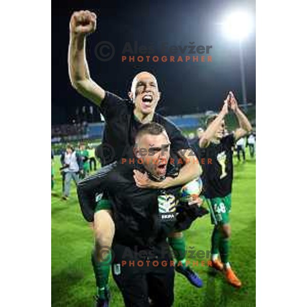 Tomislav Tomic and Players of Olimpija celebrate victory in the Final of Slovenian Cup football match between Olimpija and Maribor in Celje, Slovenia on may 30, 2019