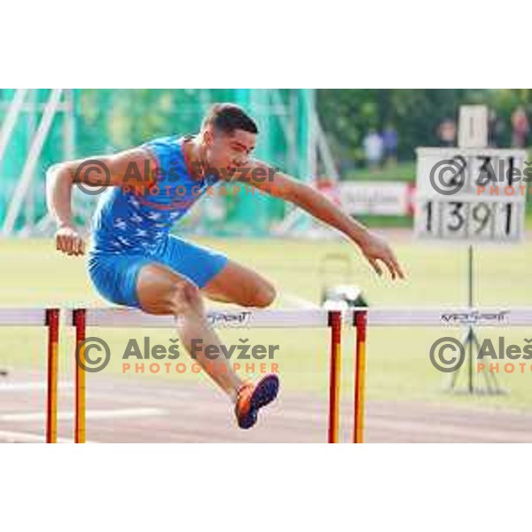 Filip Jakob Demsar, winner of Men\'s 110 meters hurdles at Slovenian Athletics Cup in Celje, Slovenia in June 15, 2019