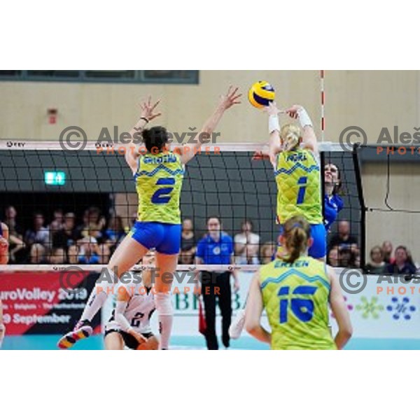 Tina Grudina and Eva Mori in action during volleyball match between Slovenia and Greece in CEV European Silver League Women, Mislinja, Slovenia in June 15, 2019