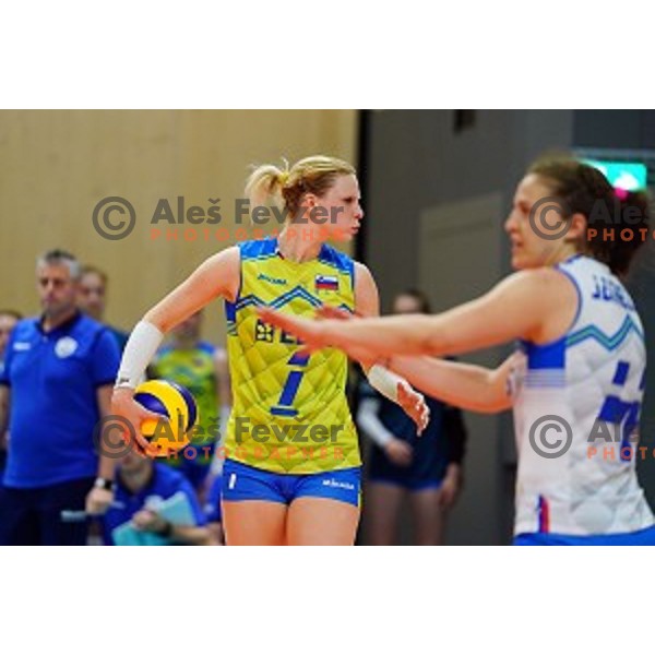 Eva Mori in action during volleyball match between Slovenia and Greece in CEV European Silver League Women, Mislinja, Slovenia in June 15, 2019