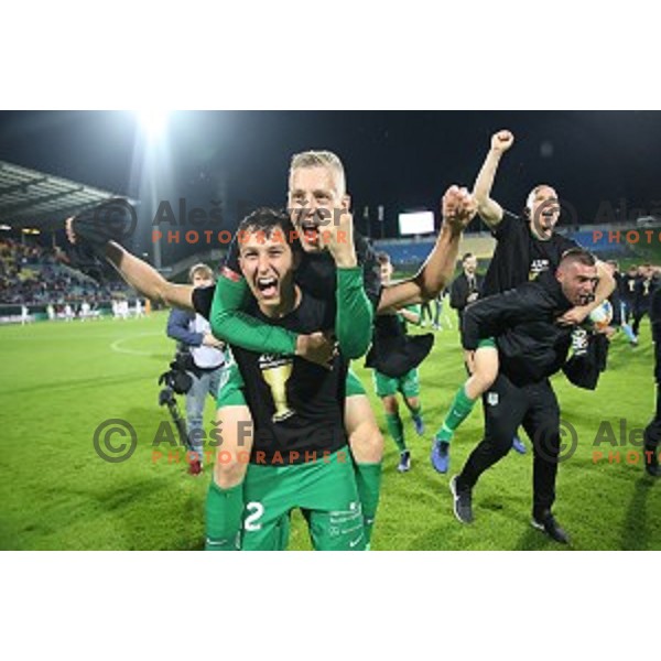 Haris Kadric and Rok Kidric of Olimpija celebrate victory in the Final of Slovenian Cup football match between Olimpija and Maribor in Celje, Slovenia on may 30, 2019