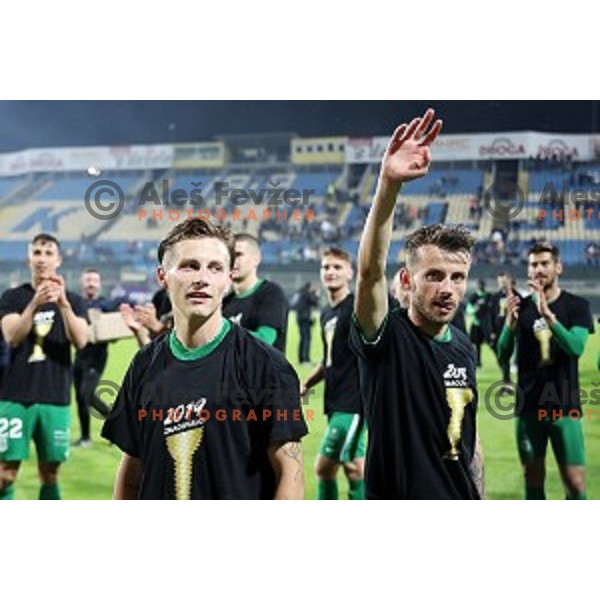 Stefan Savic, Asmir Suljic and players of Olimpija celebrate victory in the Final of Slovenian Cup football match between Olimpija and Maribor in Celje, Slovenia on may 30, 2019