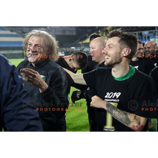 Safet Hadzic, Asmir Suljic and players of Olimpija celebrate victory in the Final of Slovenian Cup football match between Olimpija and Maribor in Celje, Slovenia on may 30, 2019